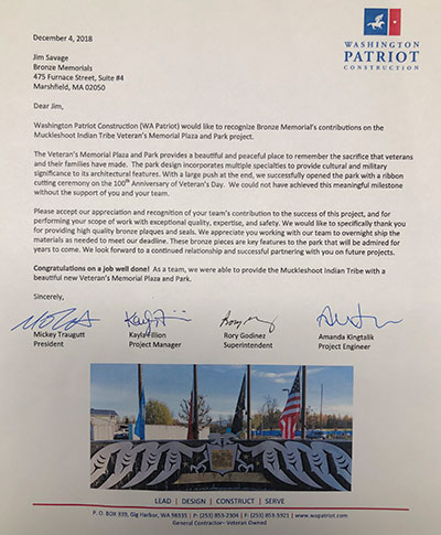 bronze plaque 5 star review from washington patriot